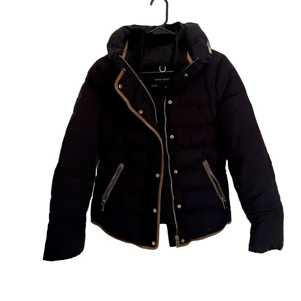 Zara Basic black puffer jacket gray duck down feather filled winter coat fur